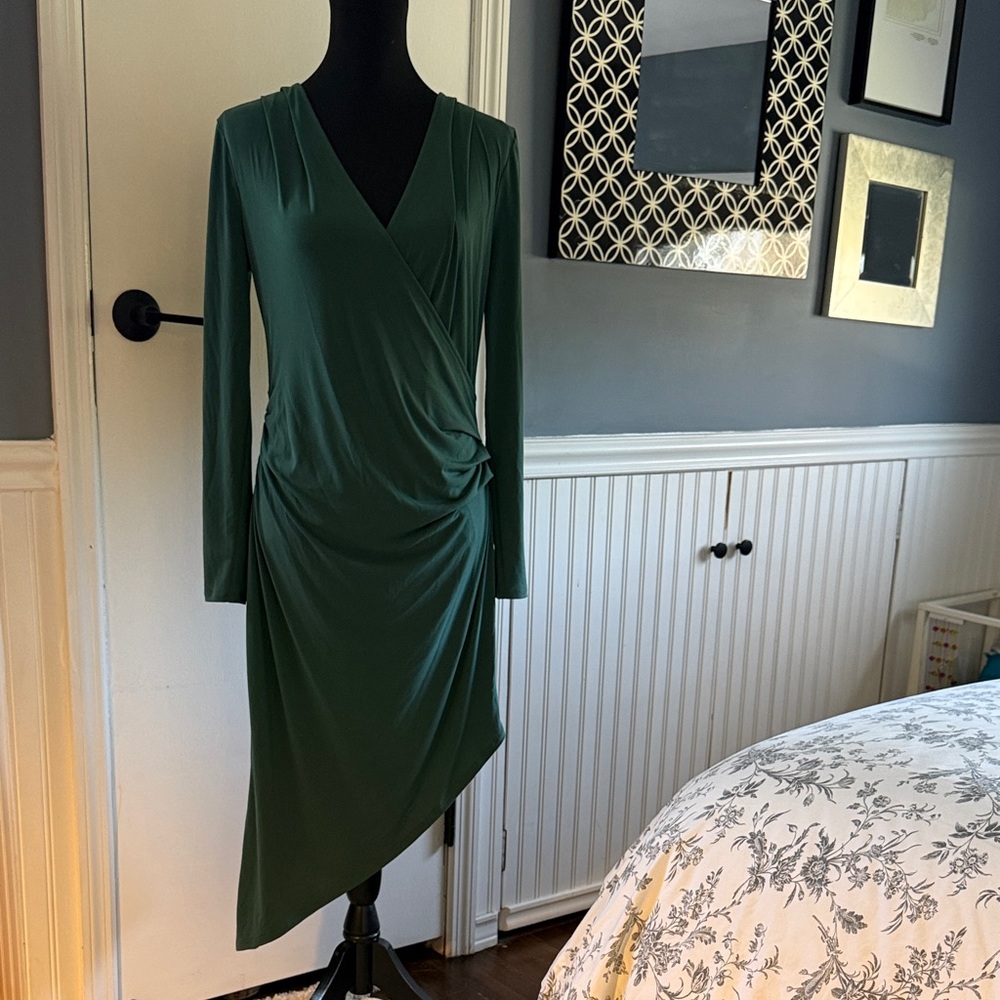 BCBGeneration Forest Green Long-Sleeve Faux Wrap Dress